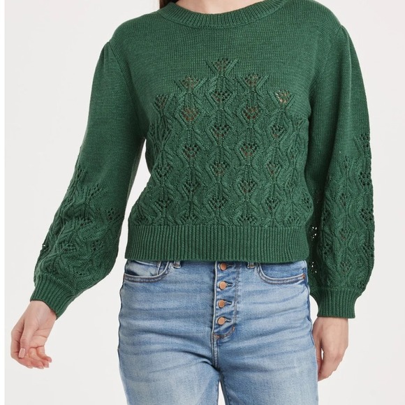 Another Love Knit Krista Pointelle Puff SL Sweater Clover Pullover Green Size M - Picture 2 of 10